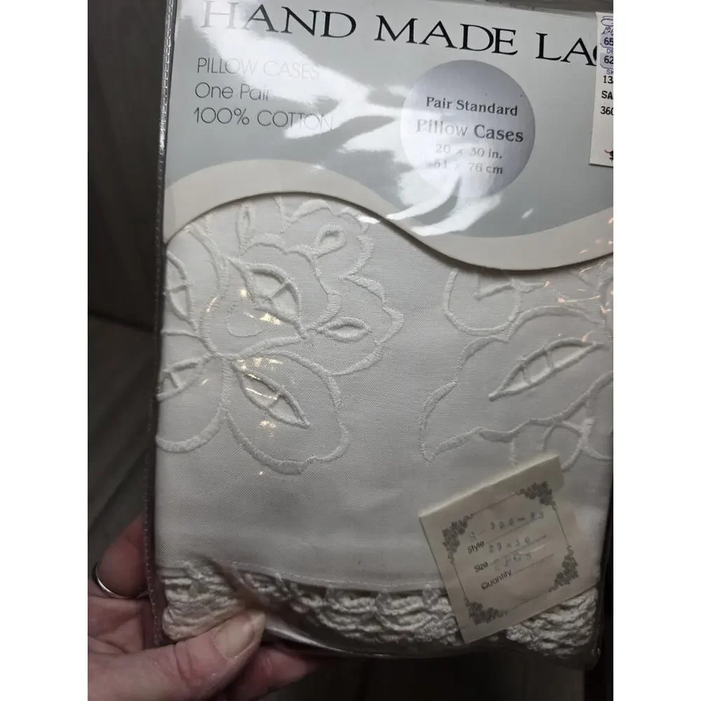Vtg Cotton Salzburg Hand Made Lace Pillowcase Set 20x30